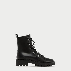 ZARA Leather Biker Ankle Boots with Metal Details